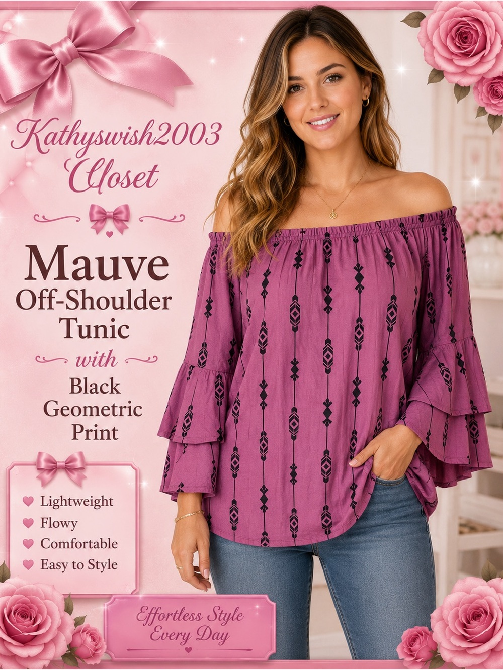 Mauve Off-Shoulder Tunic with Black Geometric Print